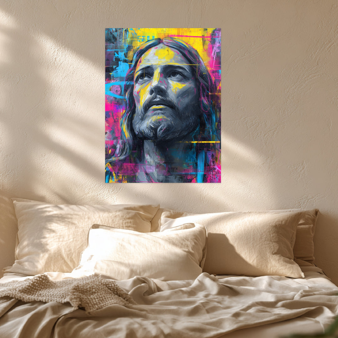 Farbenfrohes Jesusporträt Leinwandbild spirituell – Leinwand auf Holzrahmen – Ansicht 3