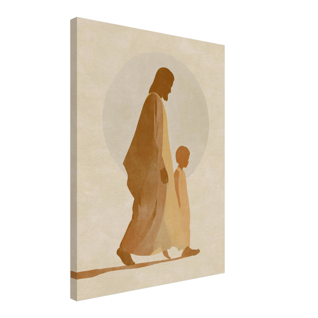 Gehender Jesus mit Kind Leinwandbild spirituell – Leinwand auf Holzrahmen – Ansicht 2