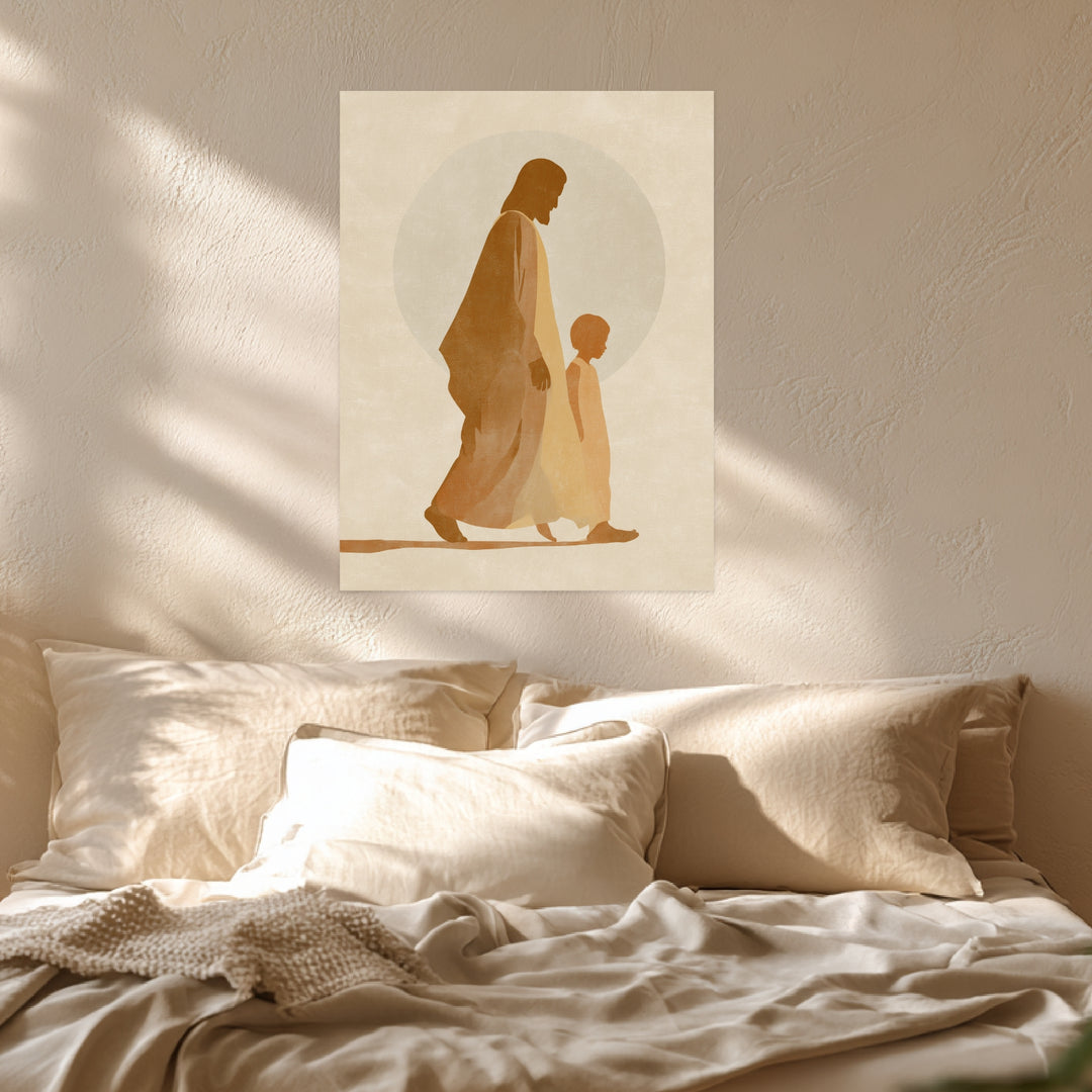 Gehender Jesus mit Kind Leinwandbild spirituell – Leinwand auf Holzrahmen – Ansicht 3