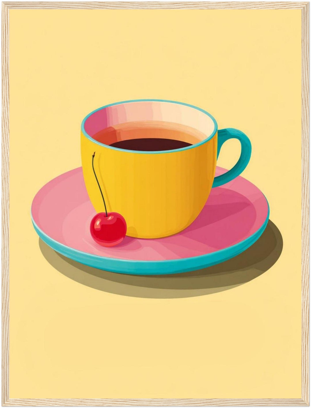 Kaffeetasse mit Kirsche Poster – Holz natur Rahmen – Produktfoto