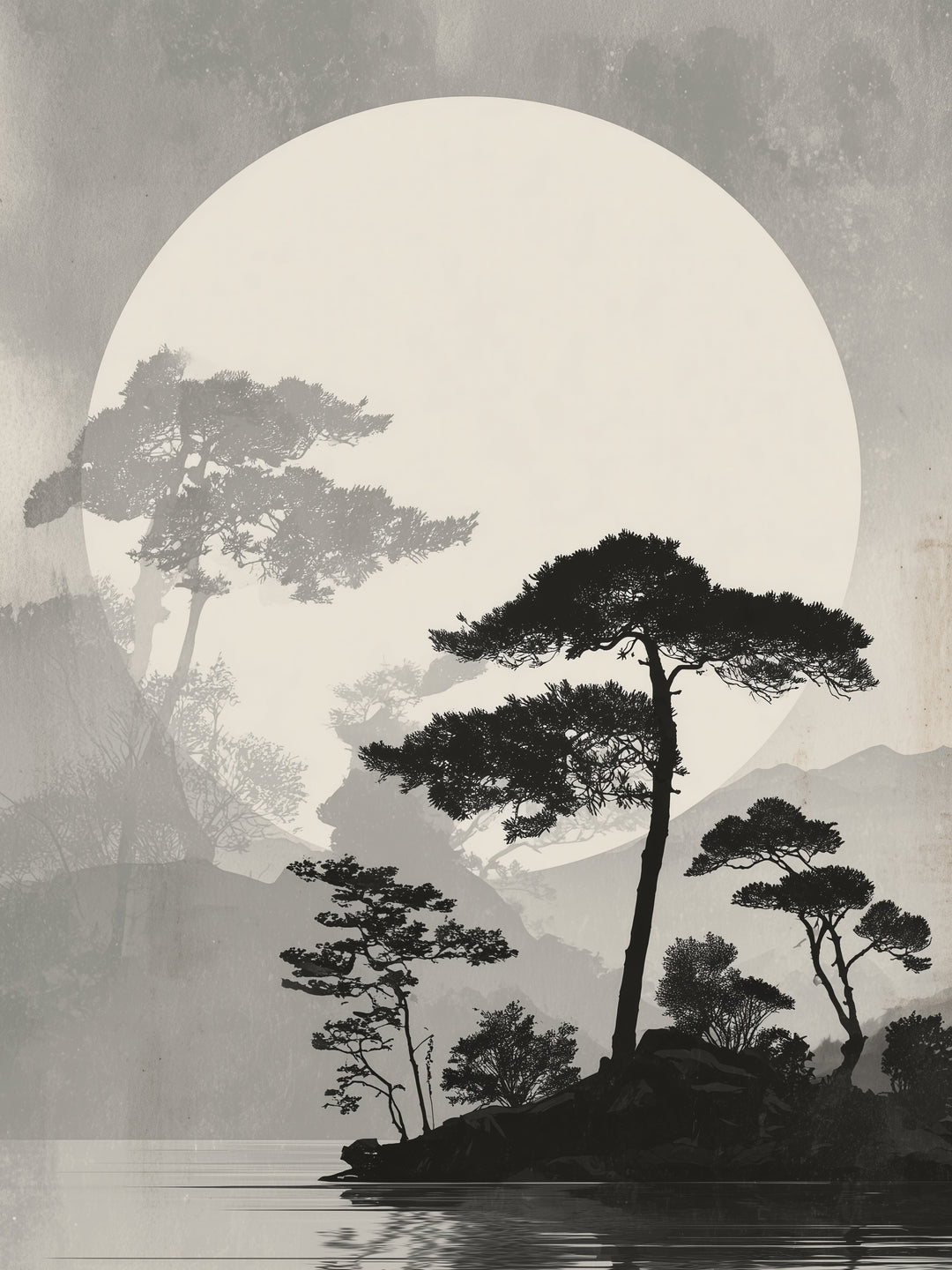 Kiefern vor Vollmond Japandi – Wandkunst
