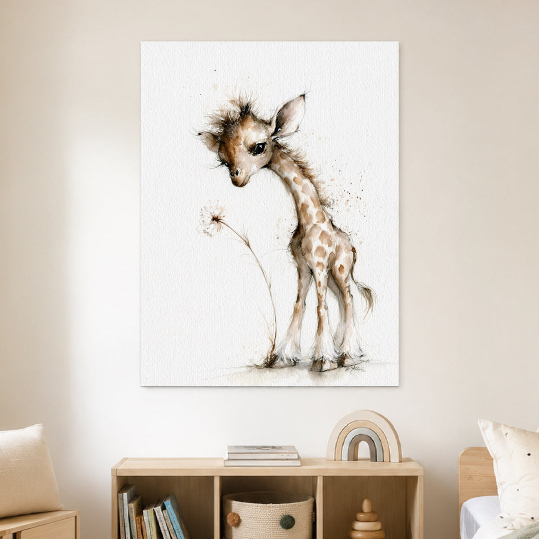 Kleine Giraffe mit Pusteblume Leinwandbild – Ohne Rahmen – Produktfoto