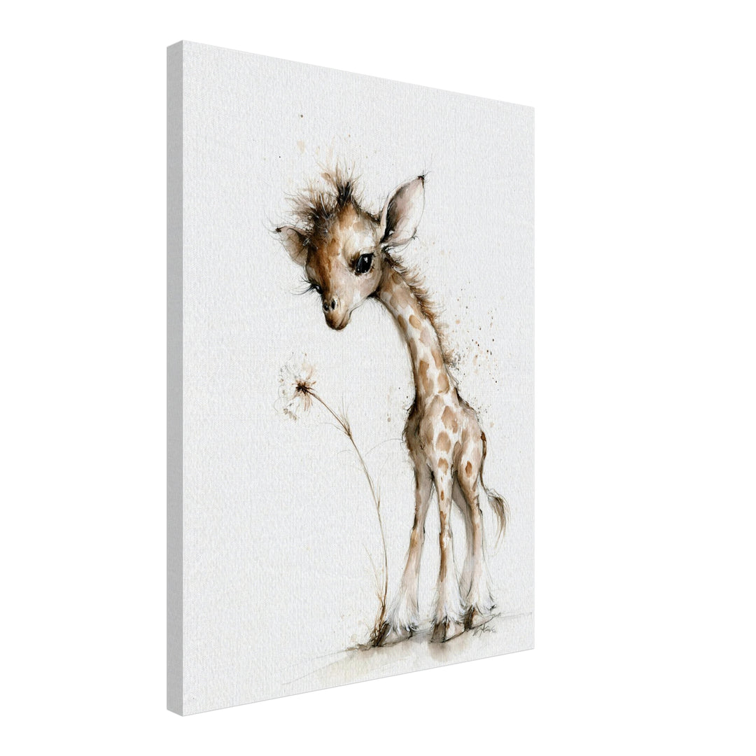 Kleine Giraffe mit Pusteblume Leinwandbild – Schräge Ansicht – Produktfoto