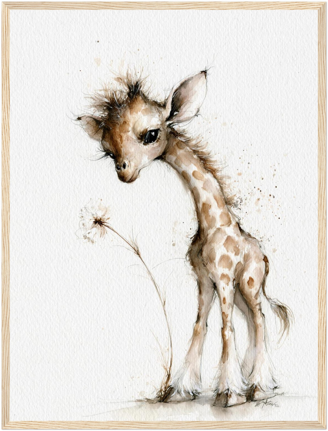 Kleine Giraffe mit Pusteblume Poster – Holz natur Rahmen – Produktfoto
