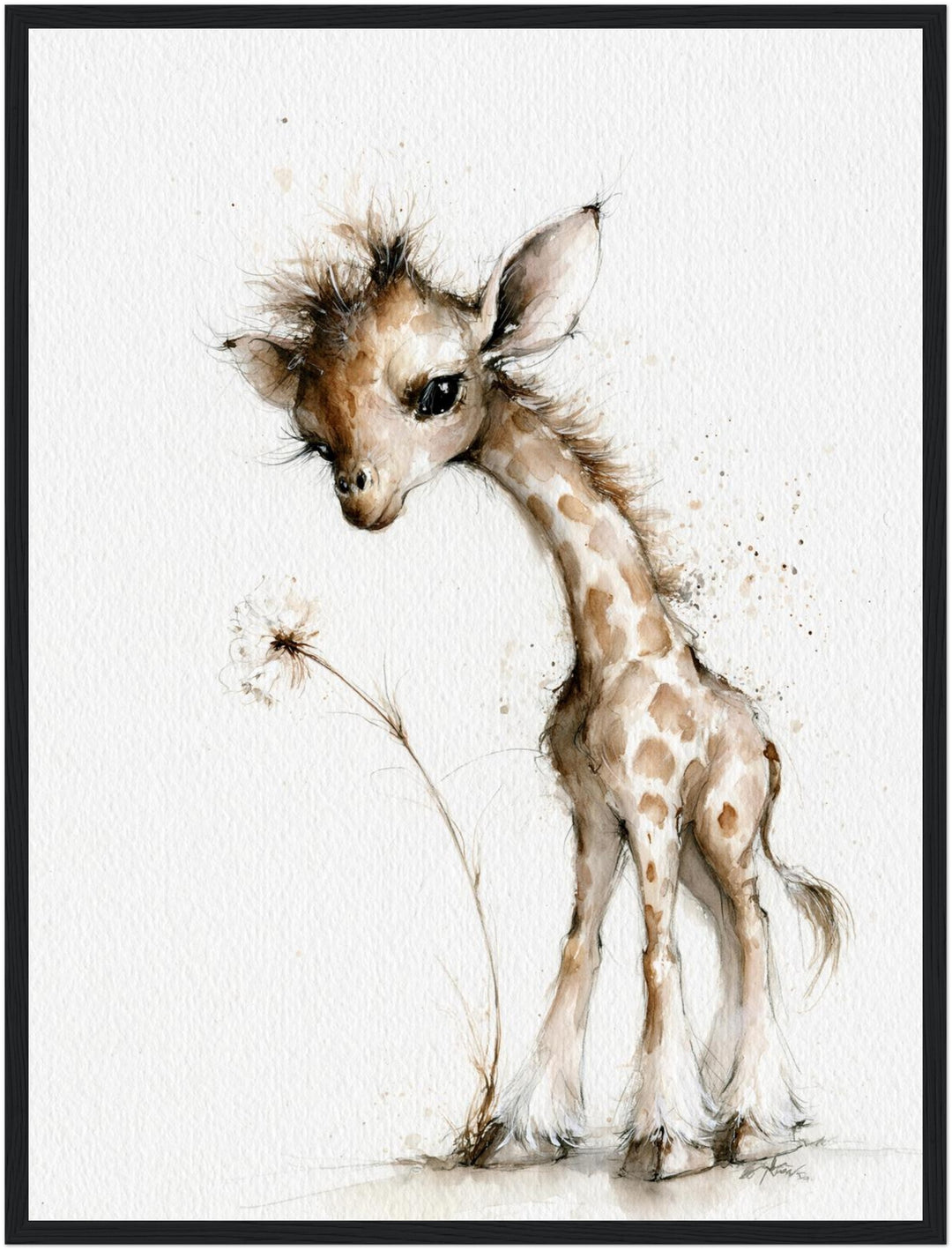 Kleine Giraffe mit Pusteblume Poster – Schwarzer Rahmen – Produktfoto