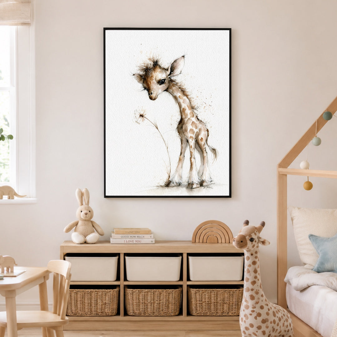 Kleine Giraffe mit Pusteblume Poster – Schwarzer Rahmen – Produktfoto