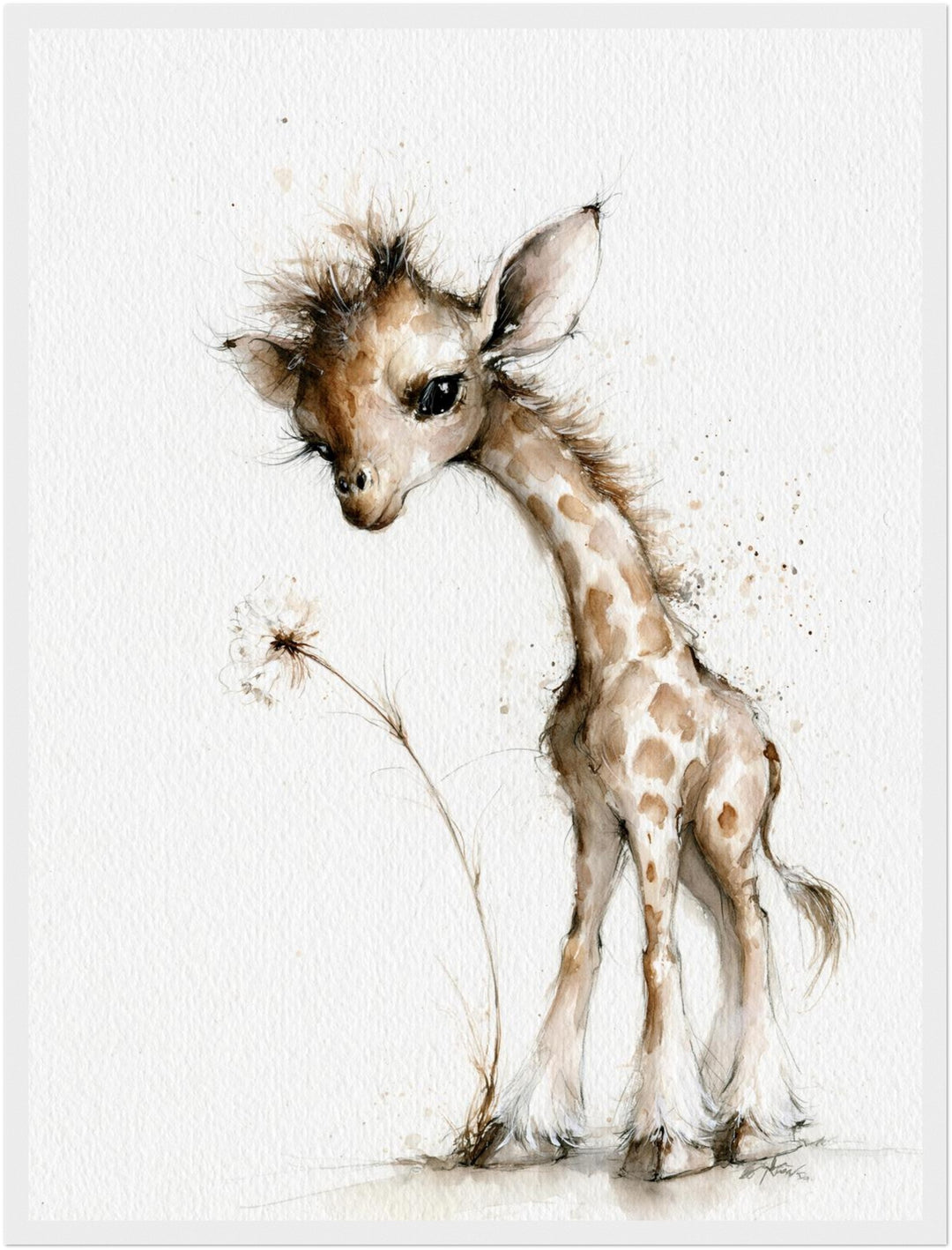 Kleine Giraffe mit Pusteblume Poster – Weißer Rahmen – Produktfoto