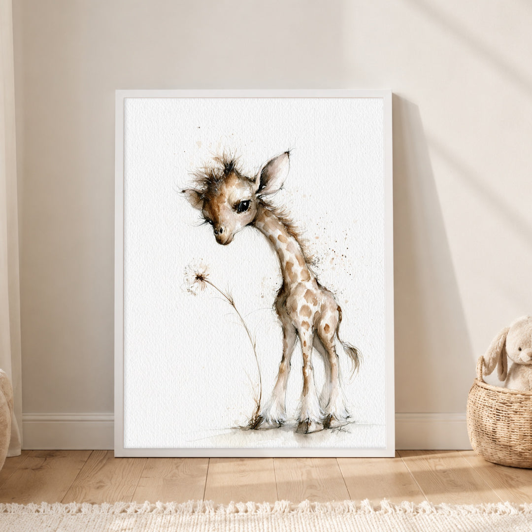 Kleine Giraffe mit Pusteblume Poster – Weißer Rahmen – Produktfoto