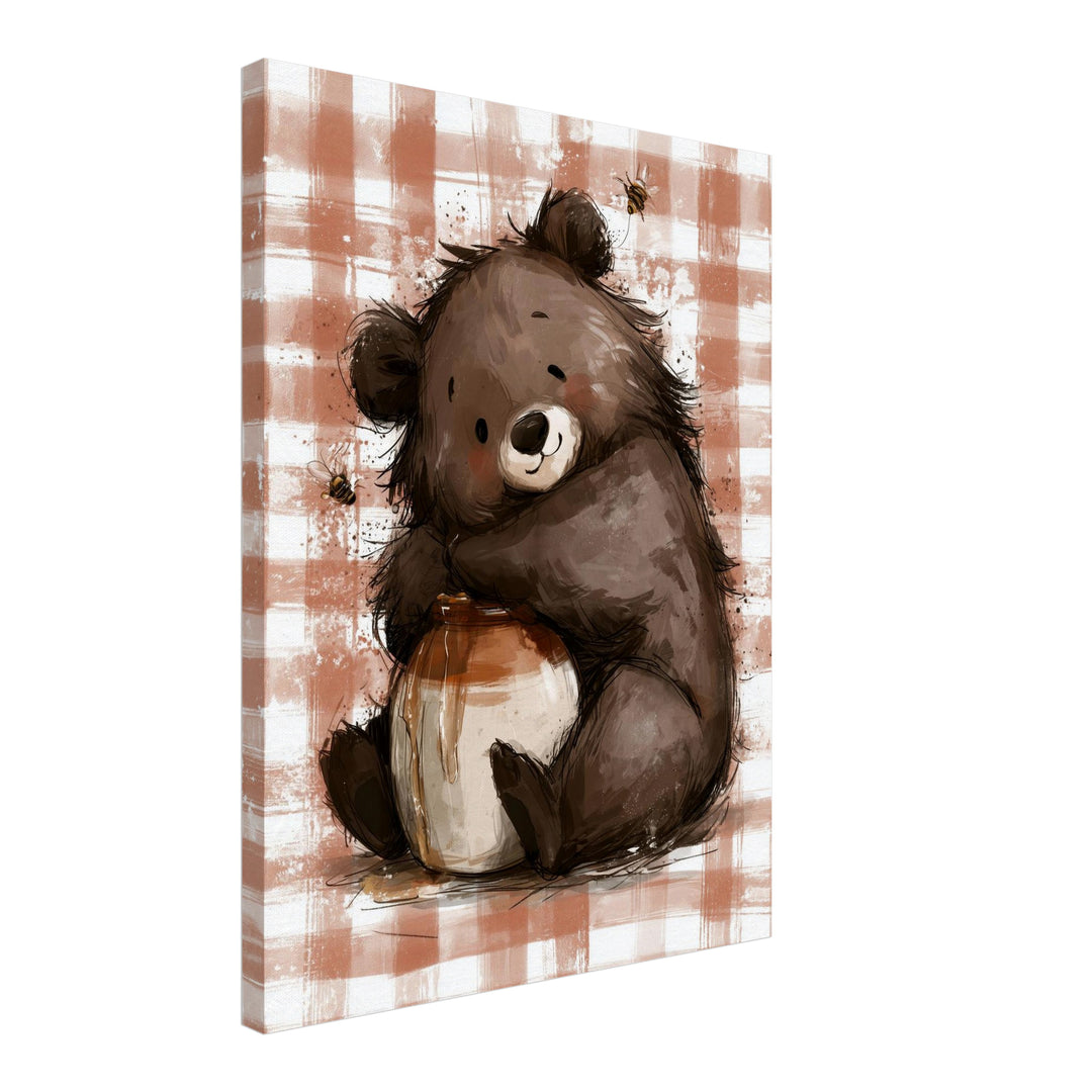 Bär mit Honigtopf Leinwandbild – Schräge Ansicht – Produktfoto
