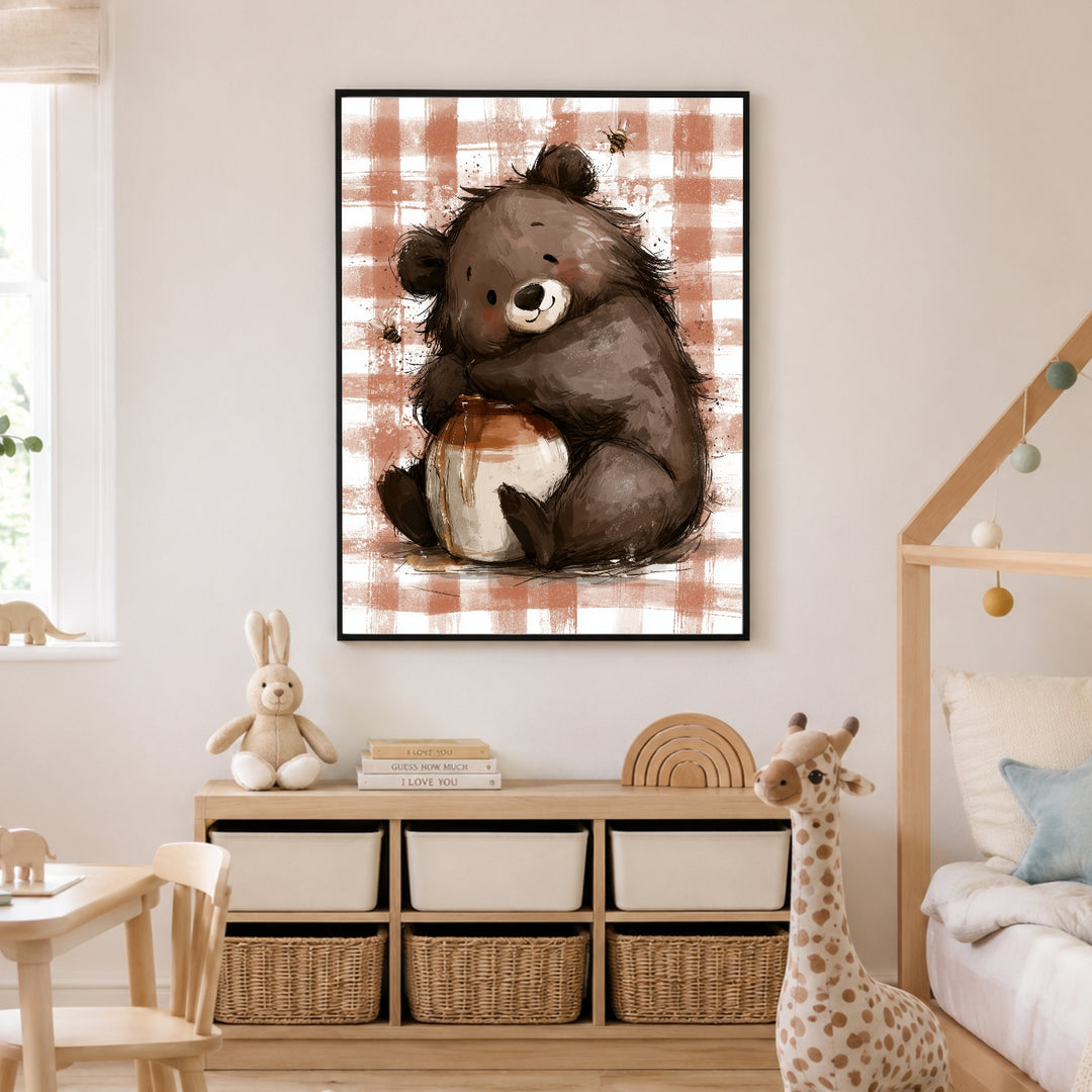 Bär mit Honigtopf Poster – Schwarzer Rahmen – Produktfoto