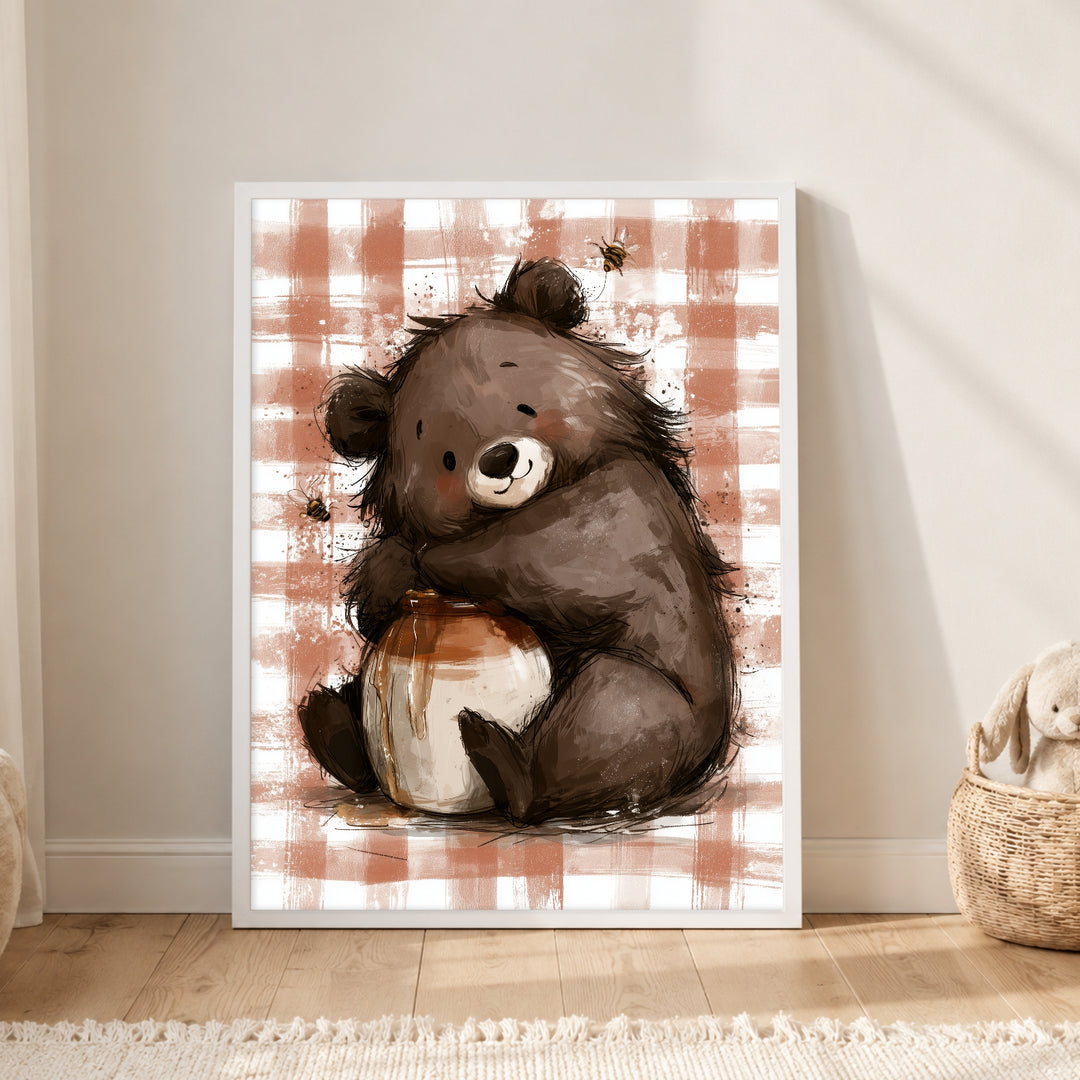 Bär mit Honigtopf Poster – Weißer Rahmen – Produktfoto