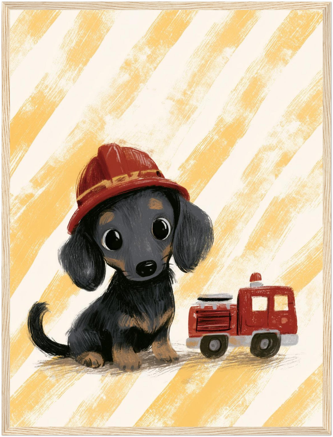 Feuerwehr-Dackel mit Helm Poster – Holz natur Rahmen – Produktfoto
