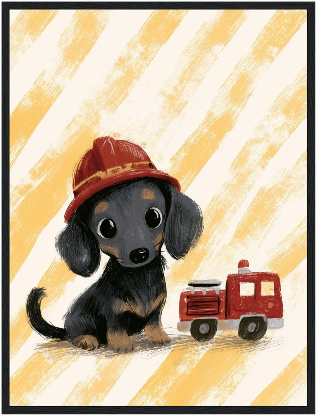 Feuerwehr-Dackel mit Helm Poster – Schwarzer Rahmen – Produktfoto