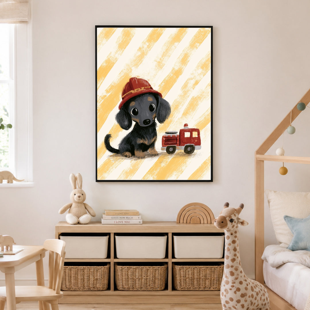 Feuerwehr-Dackel mit Helm Poster – Schwarzer Rahmen – Produktfoto