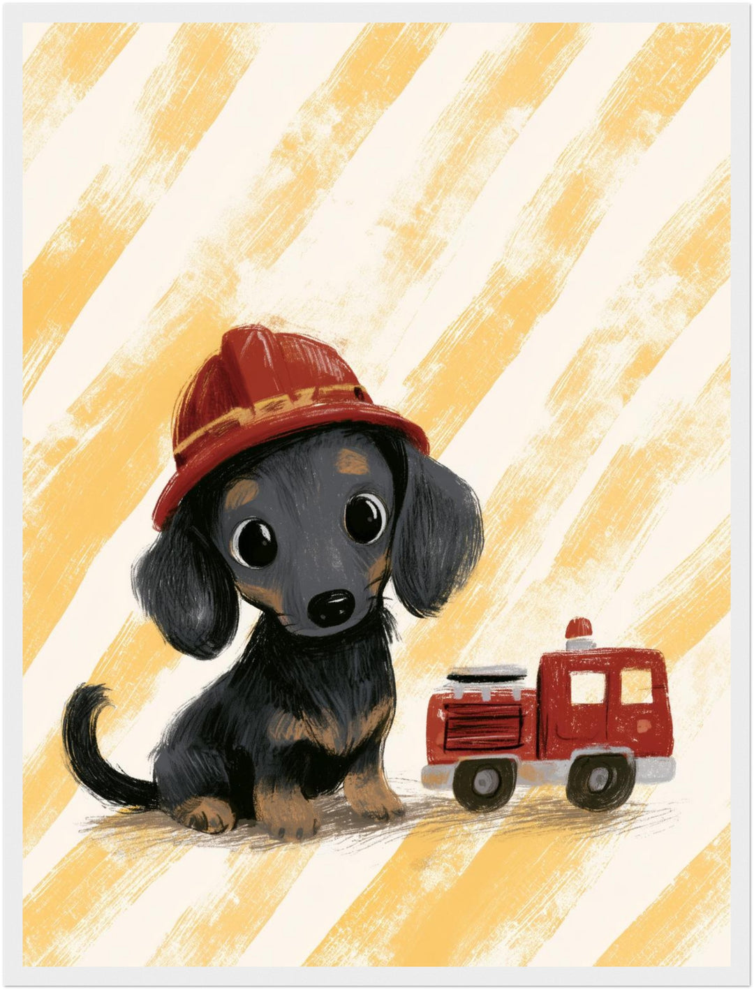 Feuerwehr-Dackel mit Helm Poster – Weißer Rahmen – Produktfoto