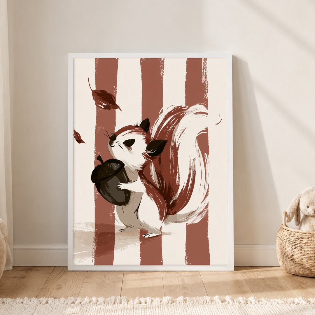 Eichhörnchen mit Eichel Poster – Weißer Rahmen – Produktfoto