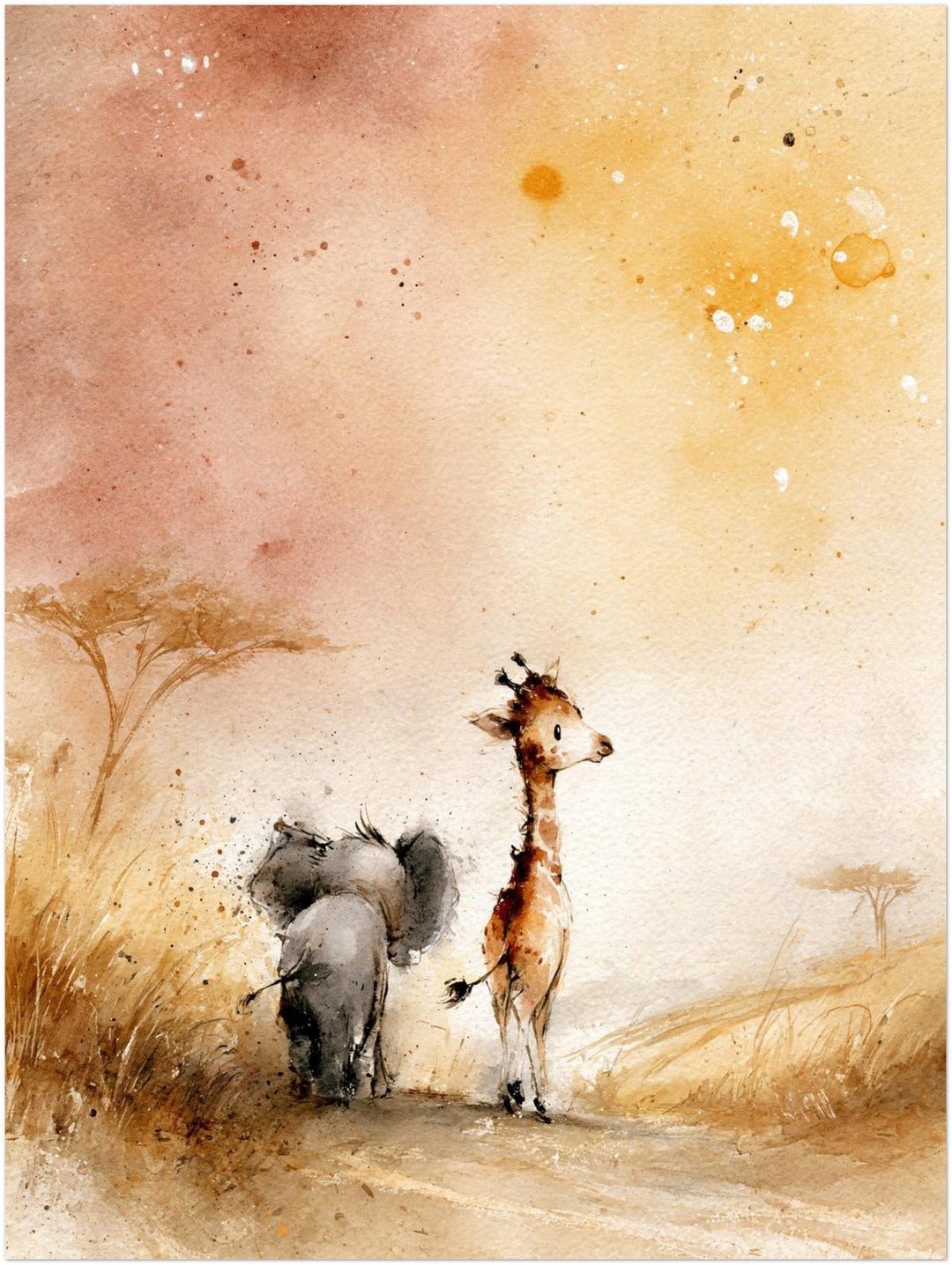 Elefant und Giraffe Savanne Poster – Ohne Rahmen – Produktfoto