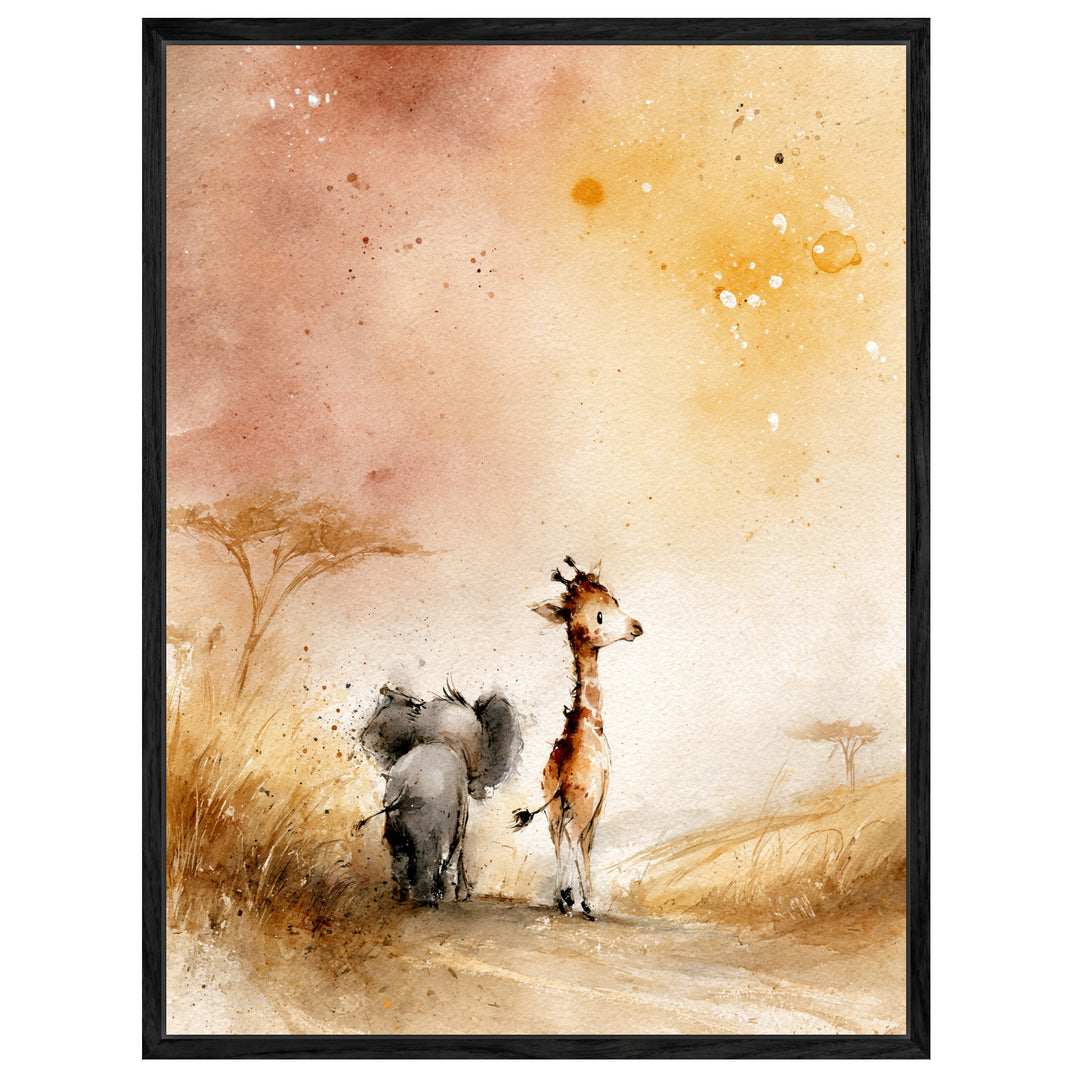 Elefant und Giraffe Savanne Leinwandbild – Leinwandbild