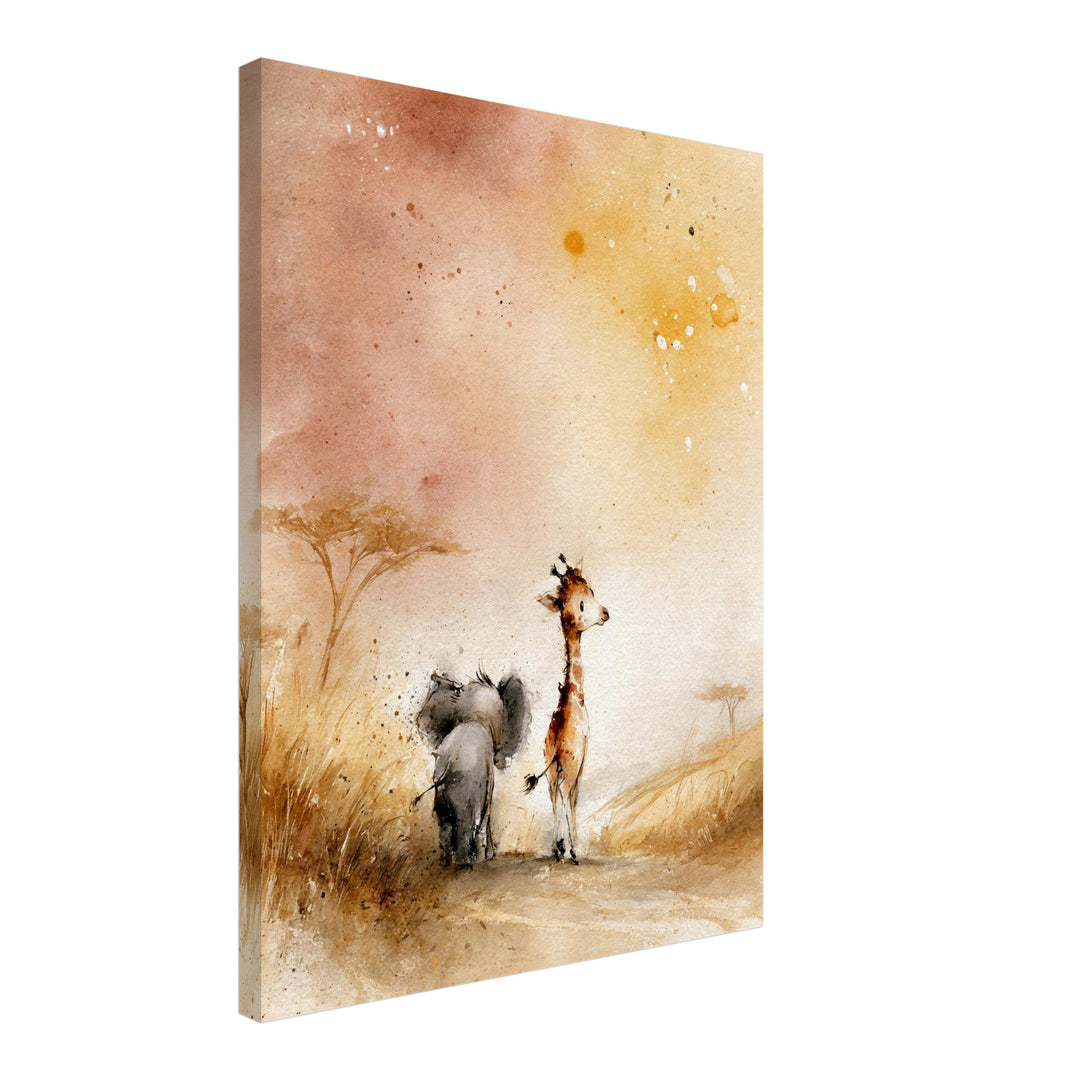 Elefant und Giraffe Savanne Leinwandbild – Schräge Ansicht – Produktfoto