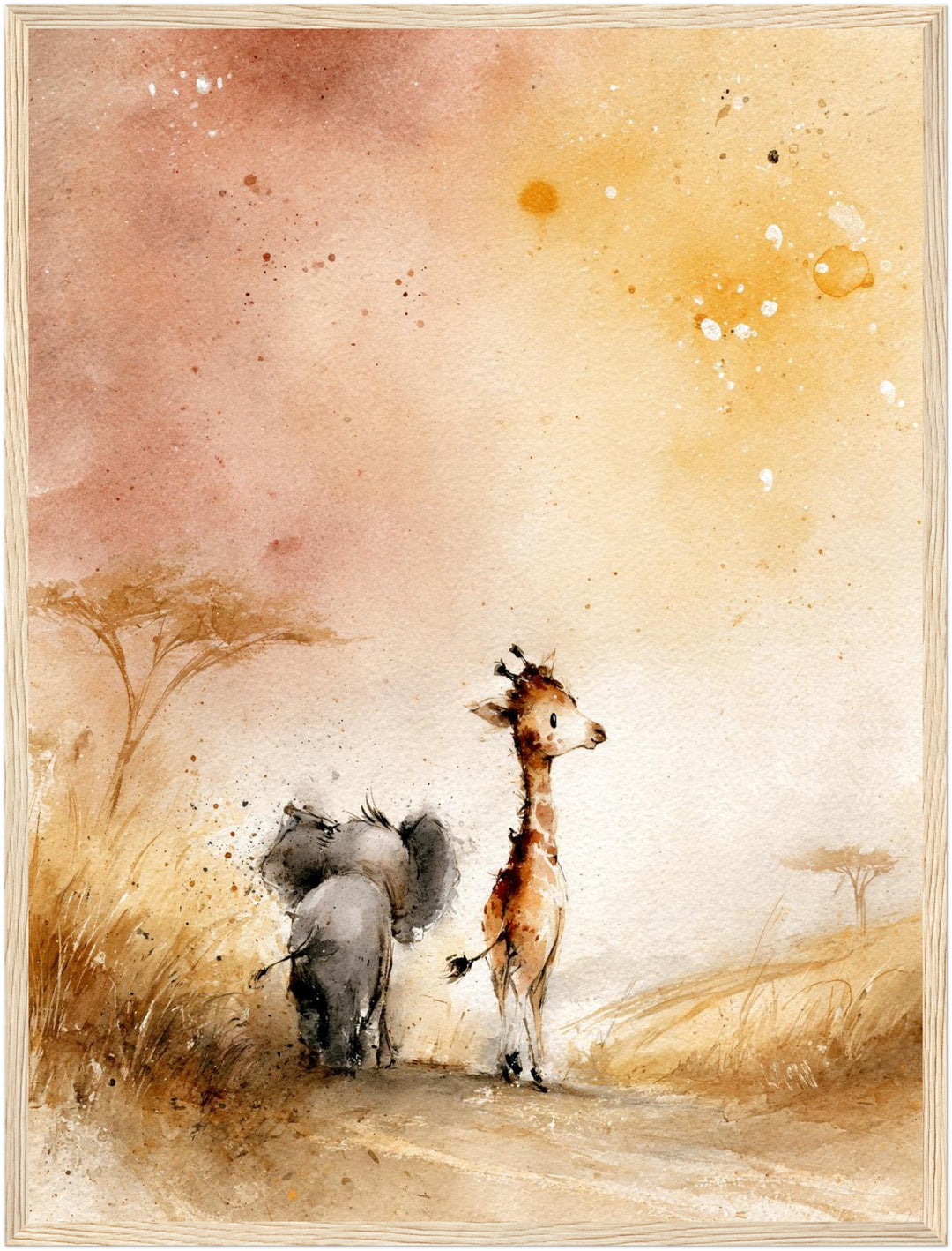 Elefant und Giraffe Savanne Poster – Holz natur Rahmen – Produktfoto