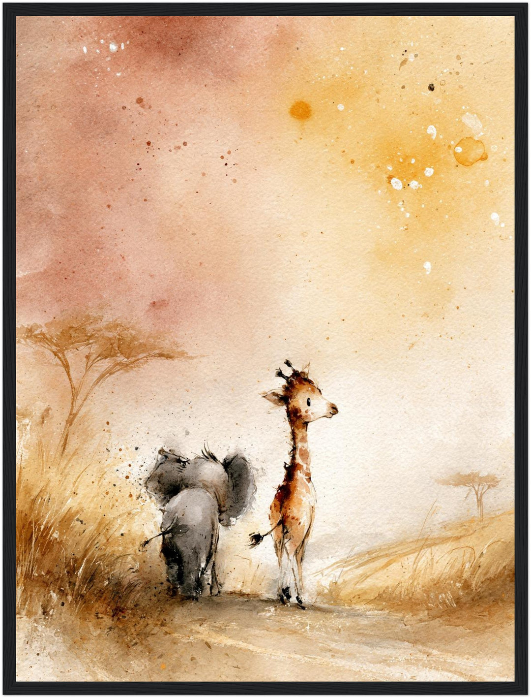 Elefant und Giraffe Savanne Poster – Schwarzer Rahmen – Produktfoto