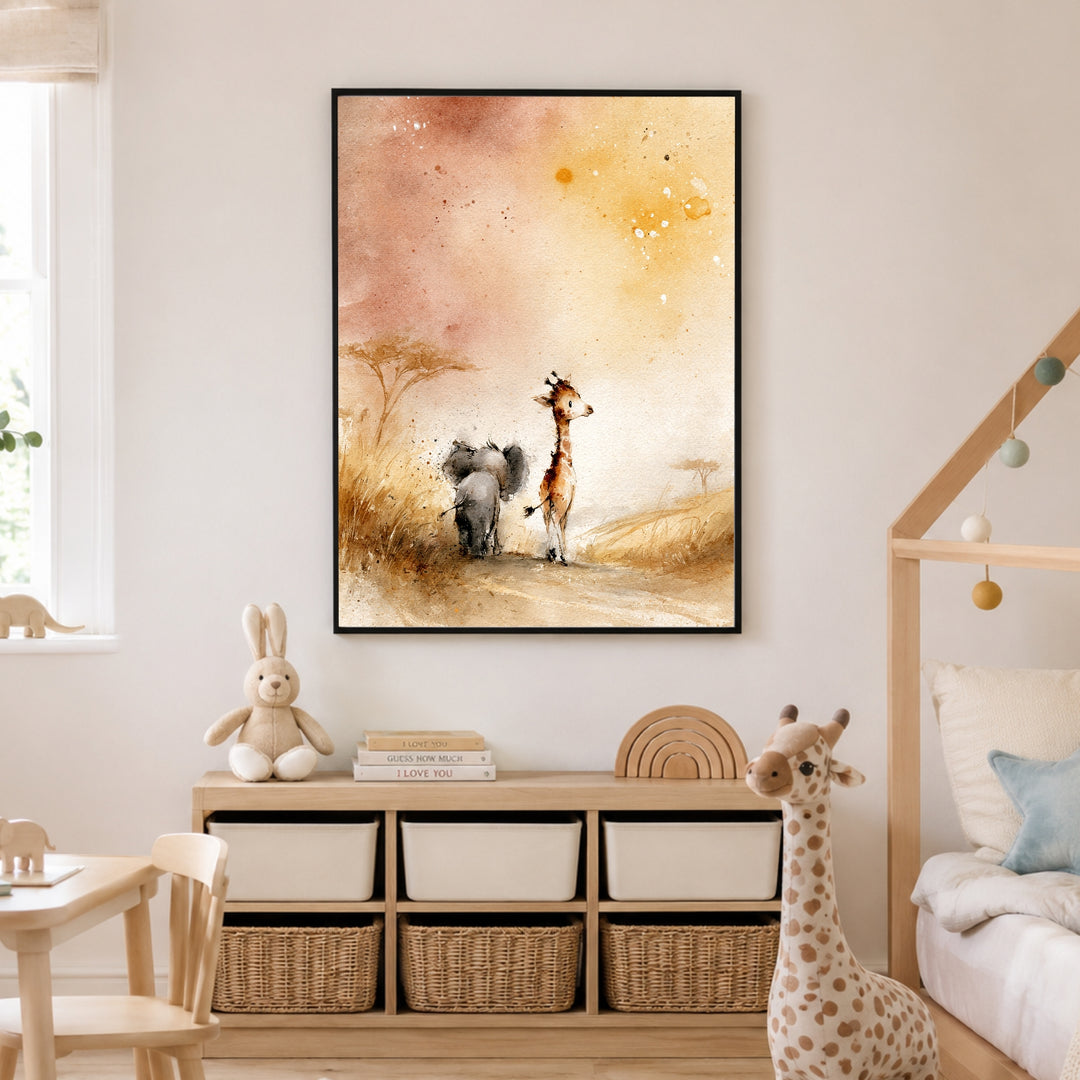 Elefant und Giraffe Savanne Poster – Schwarzer Rahmen – Produktfoto