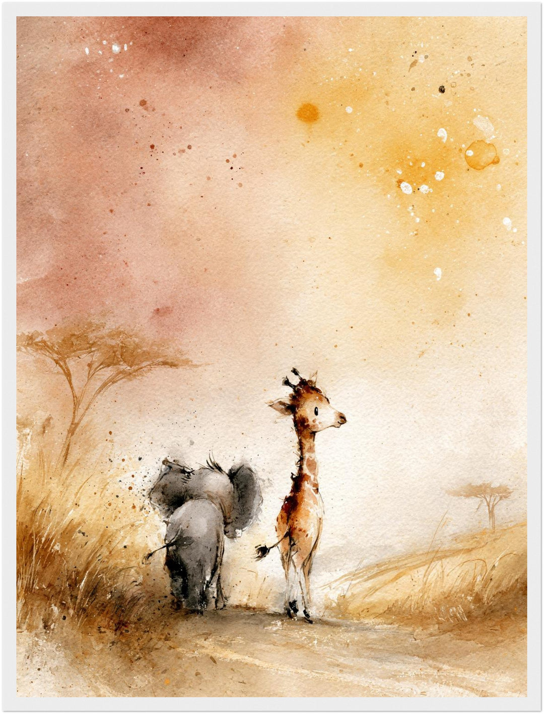 Elefant und Giraffe Savanne Poster – Weißer Rahmen – Produktfoto