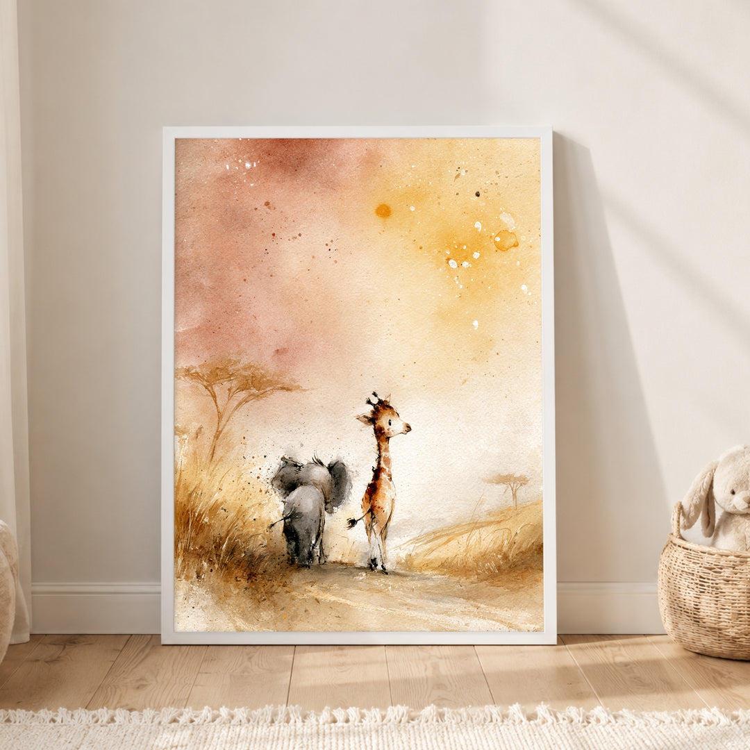 Elefant und Giraffe Savanne Poster – Weißer Rahmen – Produktfoto