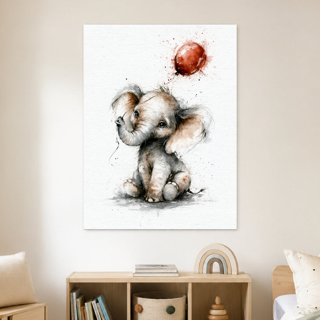 Elefantenbaby mit rotem Ballon Poster – Ohne Rahmen – Produktfoto