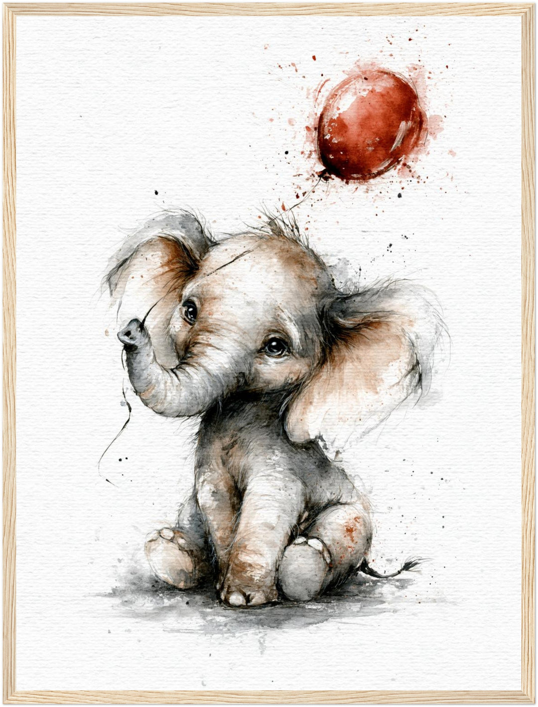 Elefantenbaby mit rotem Ballon Poster – Holz natur Rahmen – Produktfoto