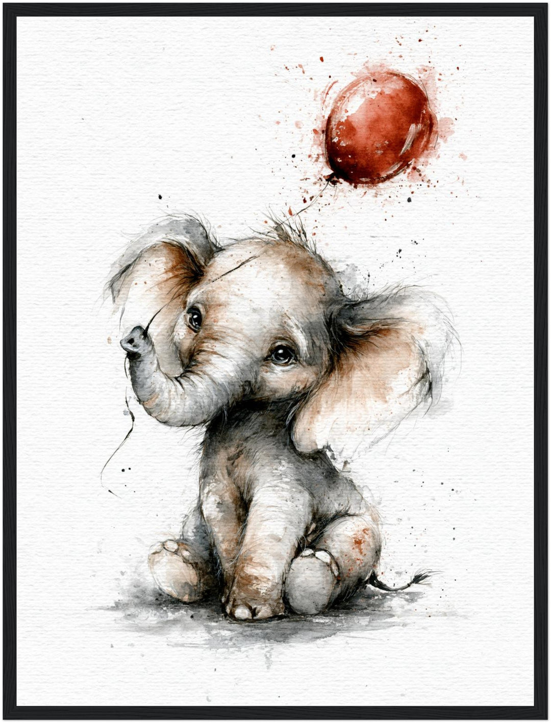 Elefantenbaby mit rotem Ballon Poster – Schwarzer Rahmen – Produktfoto