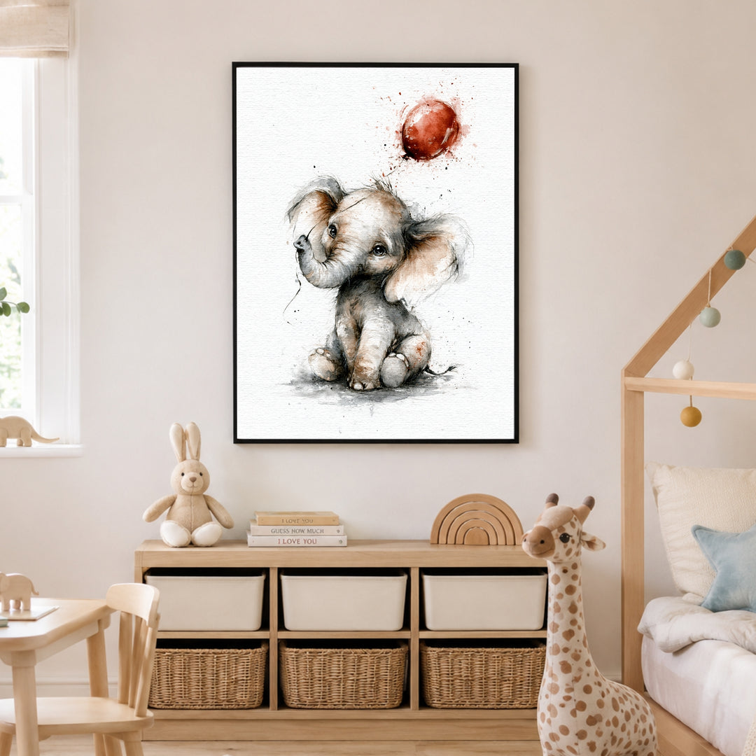 Elefantenbaby mit rotem Ballon Poster – Schwarzer Rahmen – Produktfoto