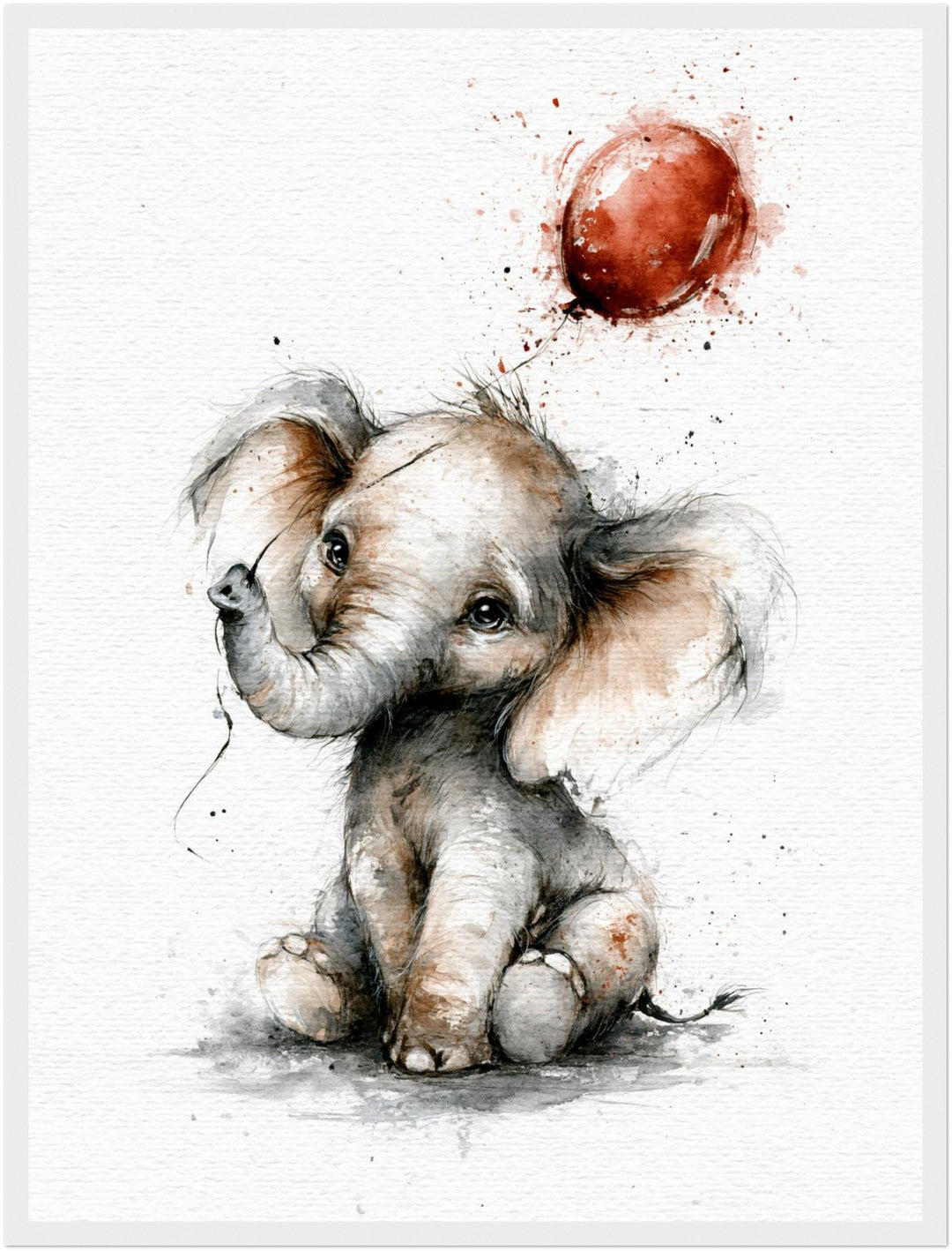 Elefantenbaby mit rotem Ballon Poster – Weißer Rahmen – Produktfoto