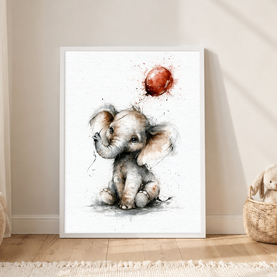 Elefantenbaby mit rotem Ballon Poster – Weißer Rahmen – Produktfoto