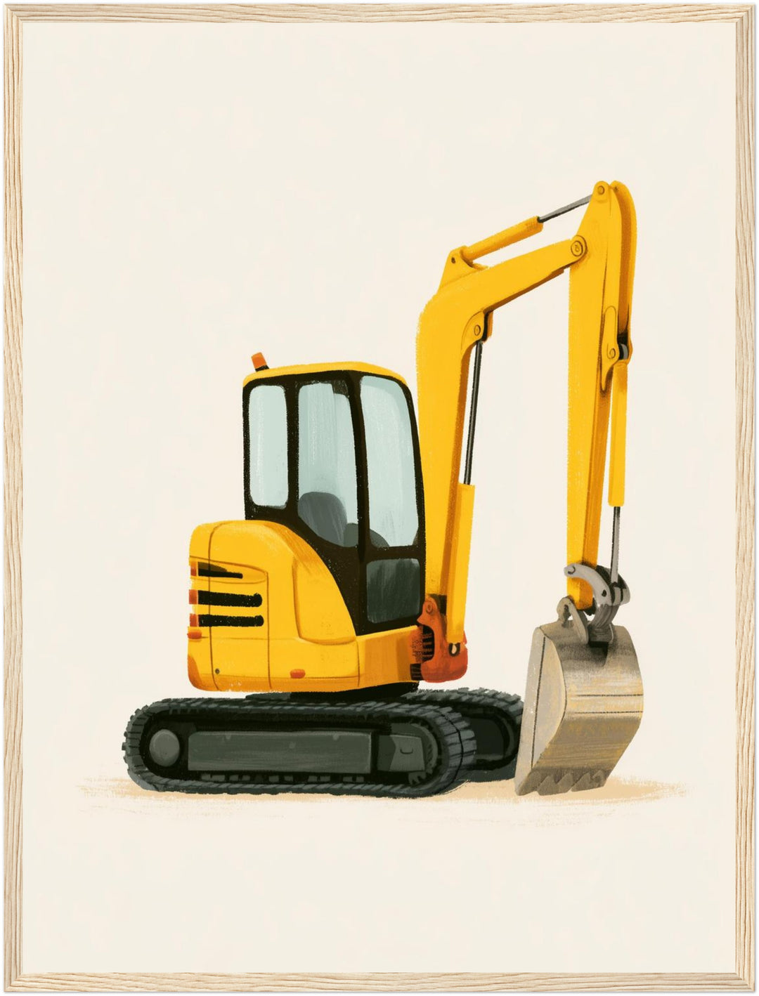 Gelber Bagger im Einsatz Poster – Holz natur Rahmen – Produktfoto