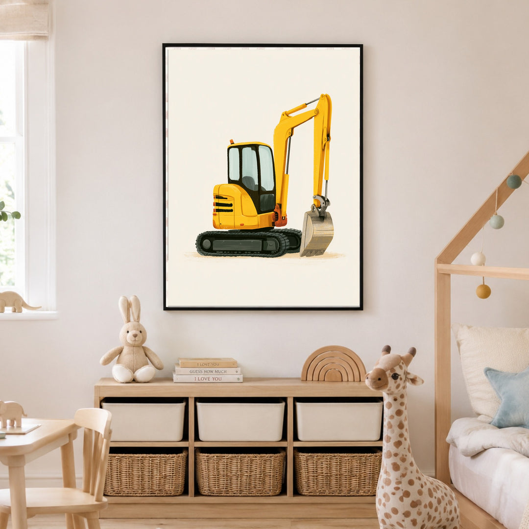Gelber Bagger im Einsatz Poster – Schwarzer Rahmen – Produktfoto