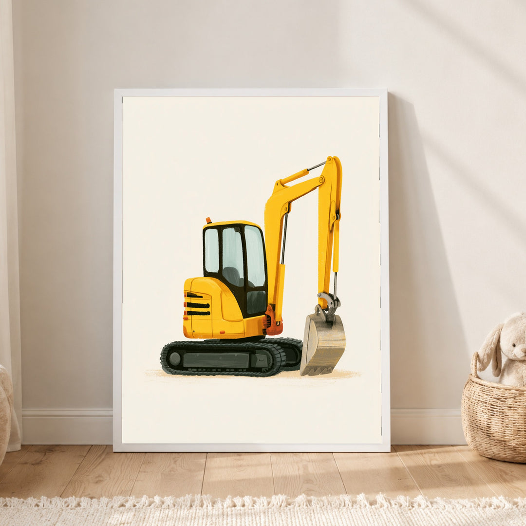 Gelber Bagger im Einsatz Poster – Weißer Rahmen – Produktfoto