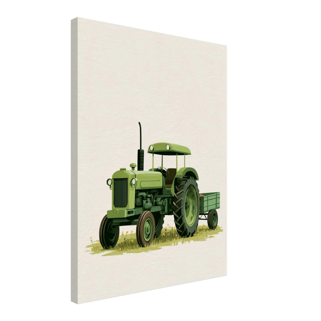 Grüner Traktor auf Wiese Leinwandbild – Schräge Ansicht – Produktfoto