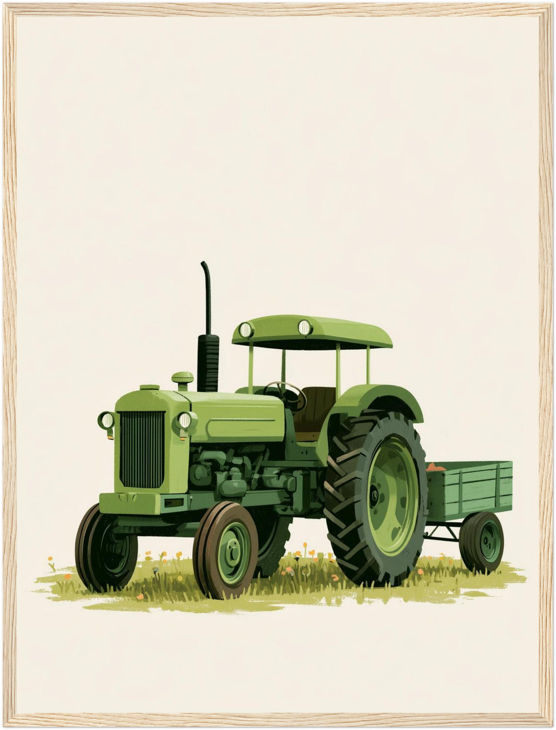 Grüner Traktor auf Wiese Poster – Holz natur Rahmen – Produktfoto
