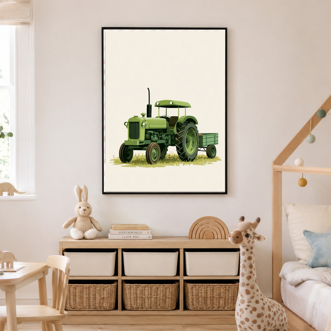 Grüner Traktor auf Wiese Poster – Schwarzer Rahmen – Produktfoto