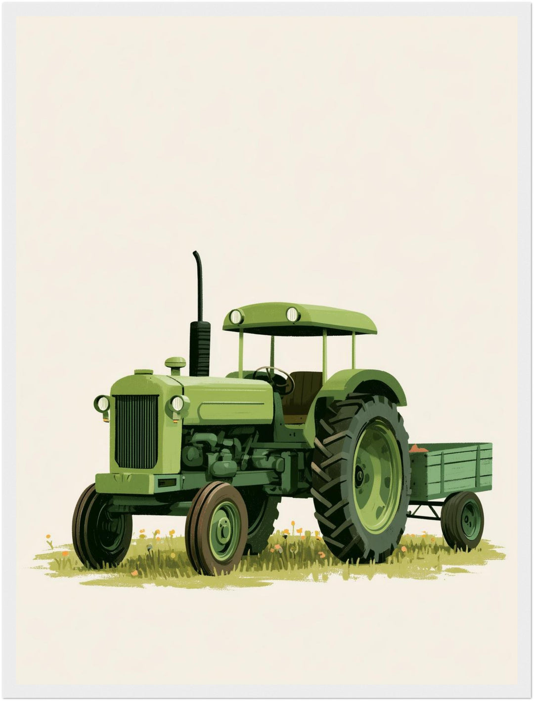 Grüner Traktor auf Wiese Poster – Weißer Rahmen – Produktfoto