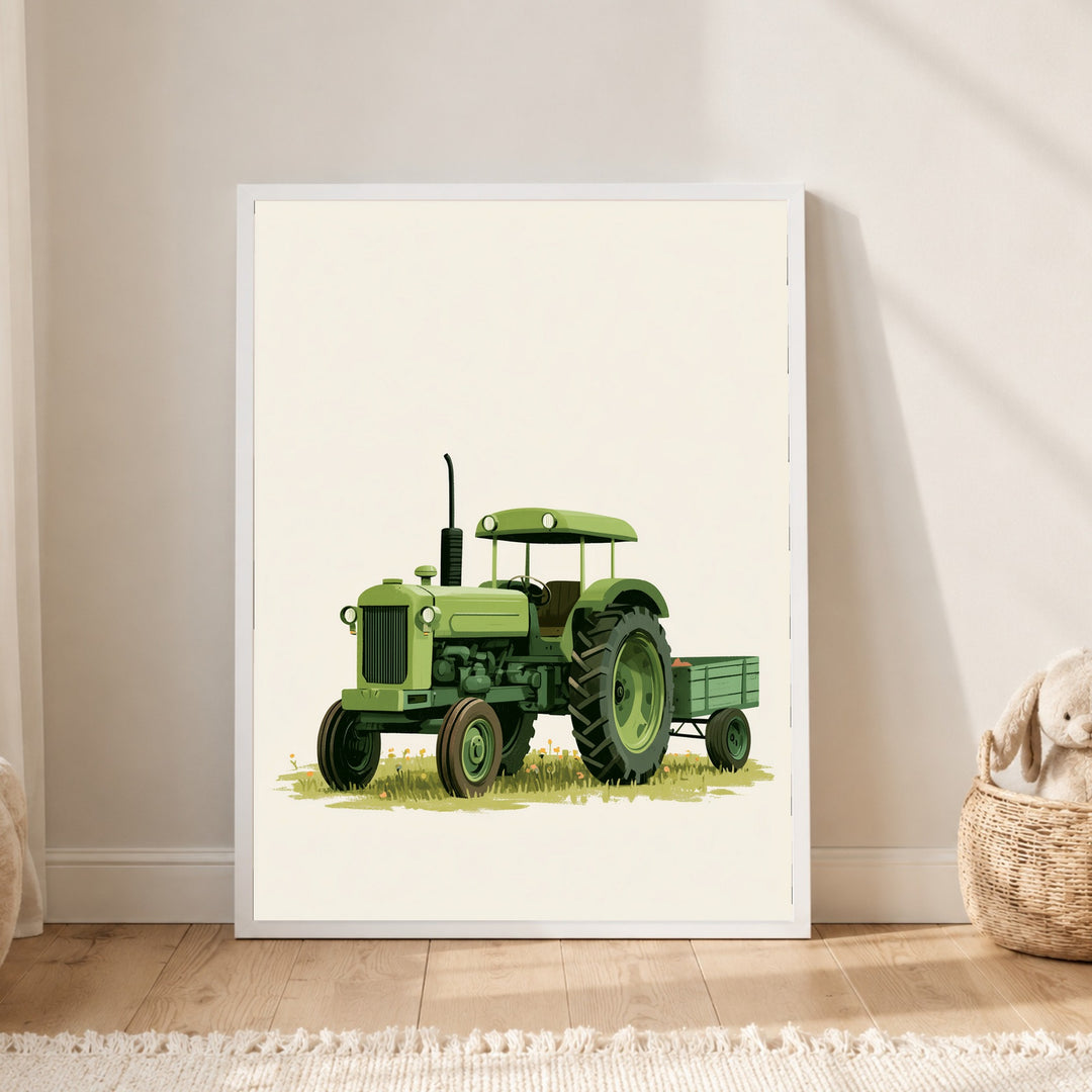 Grüner Traktor auf Wiese Poster – Weißer Rahmen – Produktfoto