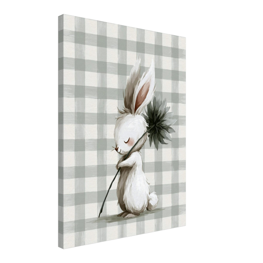 Häschen mit Blume Leinwandbild – Schräge Ansicht – Produktfoto