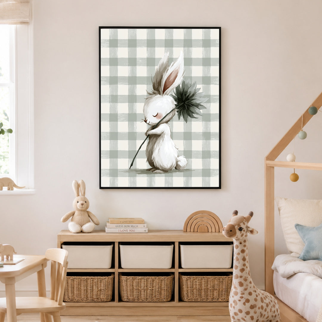 Häschen mit Blume Poster – Schwarzer Rahmen – Produktfoto