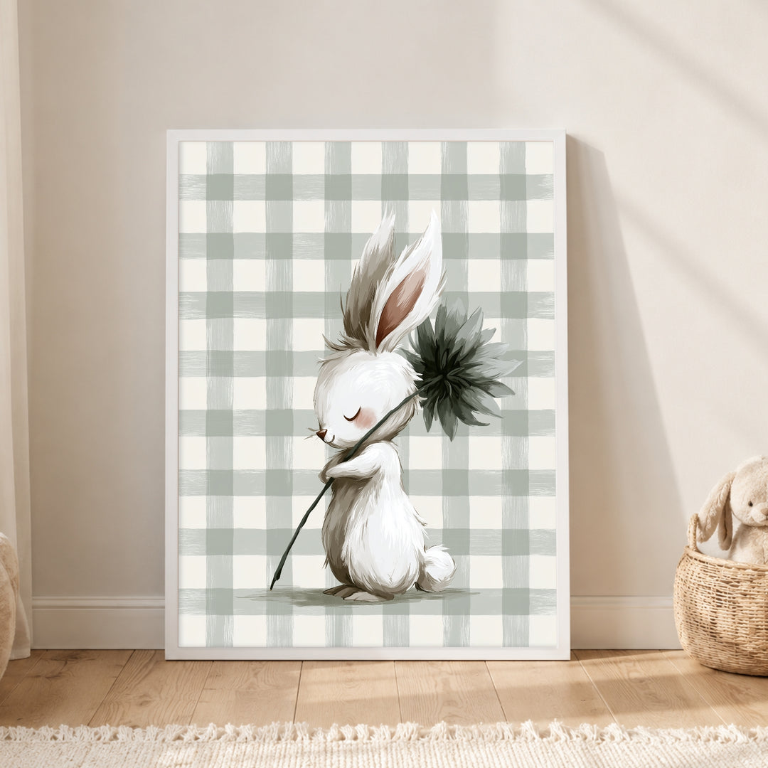 Häschen mit Blume Poster – Weißer Rahmen – Produktfoto