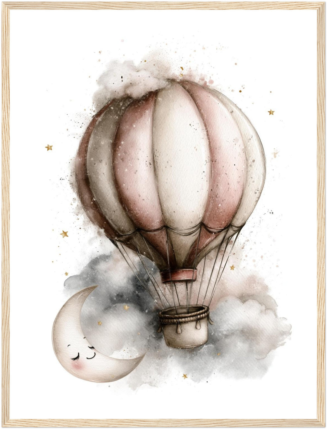 Mondnacht Heißluftballon Traum Poster – Holz natur Rahmen – Produktfoto