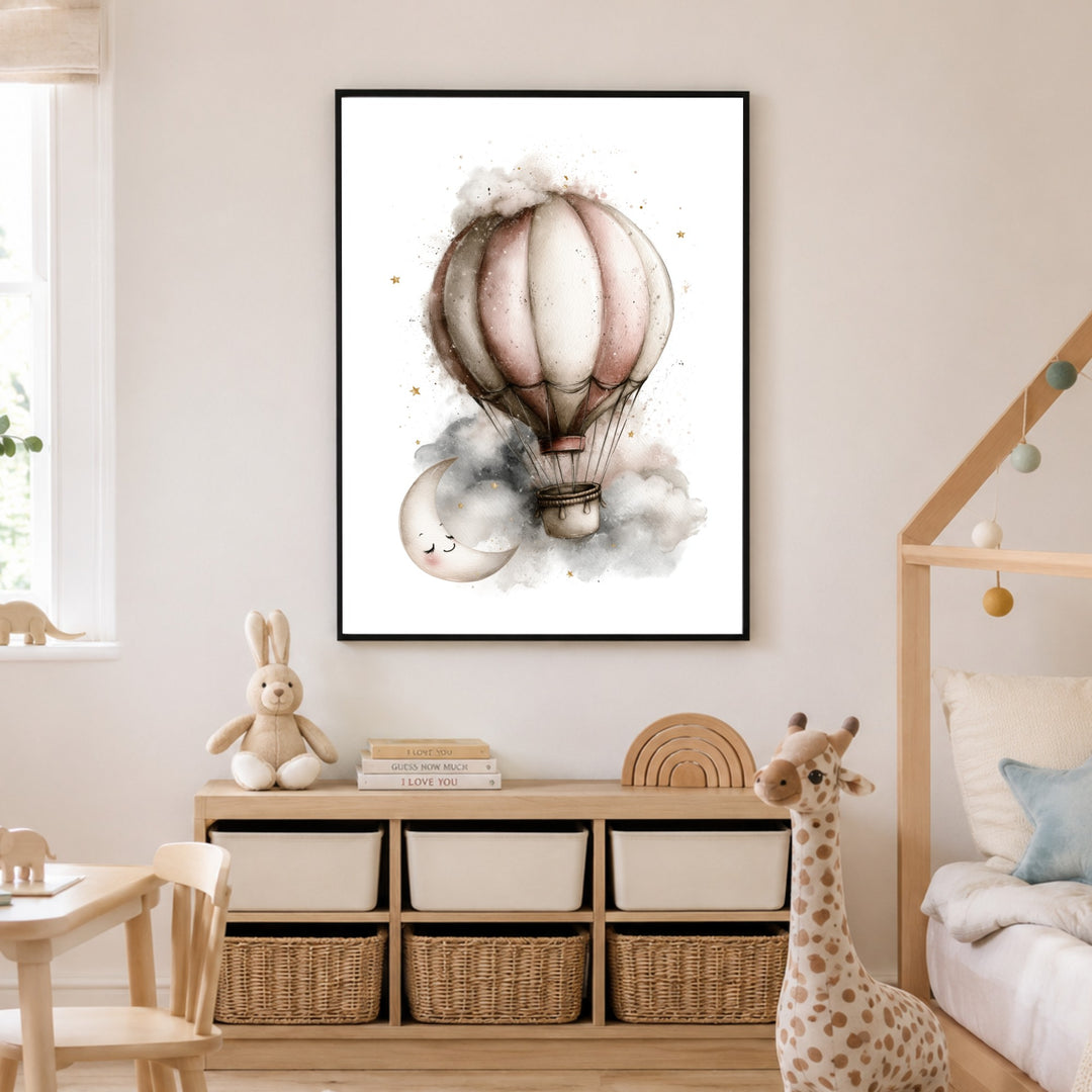 Mondnacht Heißluftballon Traum Poster – Schwarzer Rahmen – Produktfoto