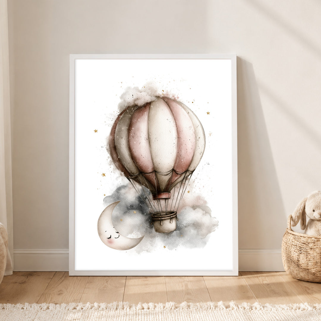 Mondnacht Heißluftballon Traum Poster – Weißer Rahmen – Produktfoto