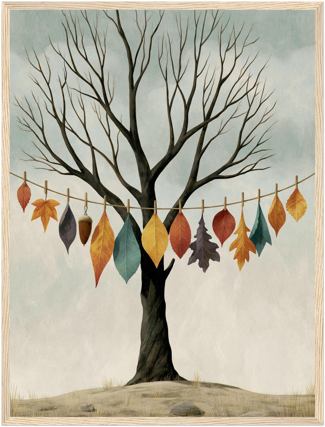 Blätter auf der Wäscheleine Poster – Holz natur Rahmen – Produktfoto