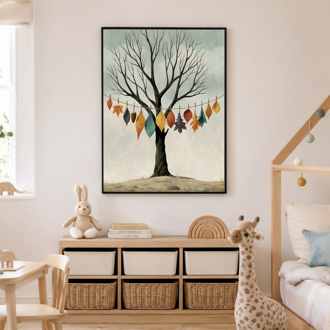 Blätter auf der Wäscheleine Poster – Schwarzer Rahmen – Produktfoto